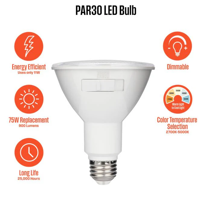 11 Watt (75 Watt Equivalent) PAR30 Flood Dimmable Indoor/Outdoor LED Light Bulb with Color Temperature Selection - Image 12