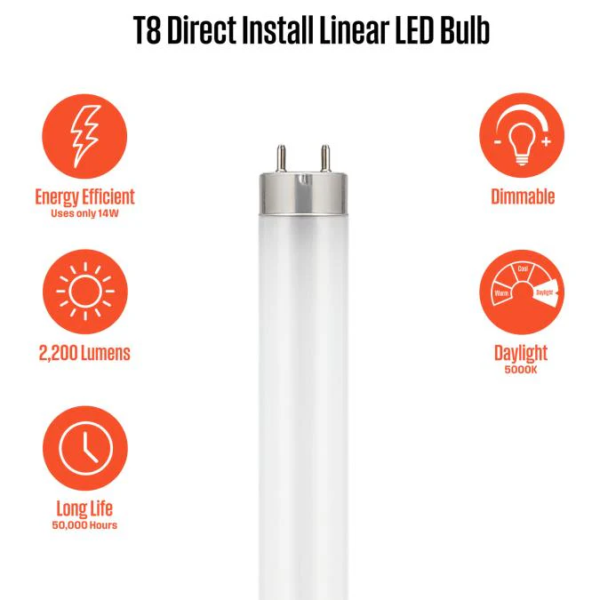 14 Watt (4 Foot) T8 Dimmable Direct Install Linear LED Light Bulb, 5000K - Image 9