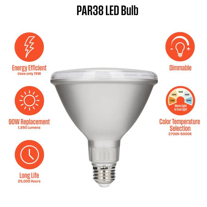 15 Watt (90 Watt Equivalent) PAR38 Flood Dimmable Indoor/Outdoor LED Light Bulb with Color Temperature Selection - Image 12