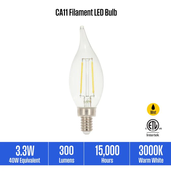 3.3 Watt (40 Watt Equivalent) CA11 Dimmable Filament LED Light Bulb - Image 10