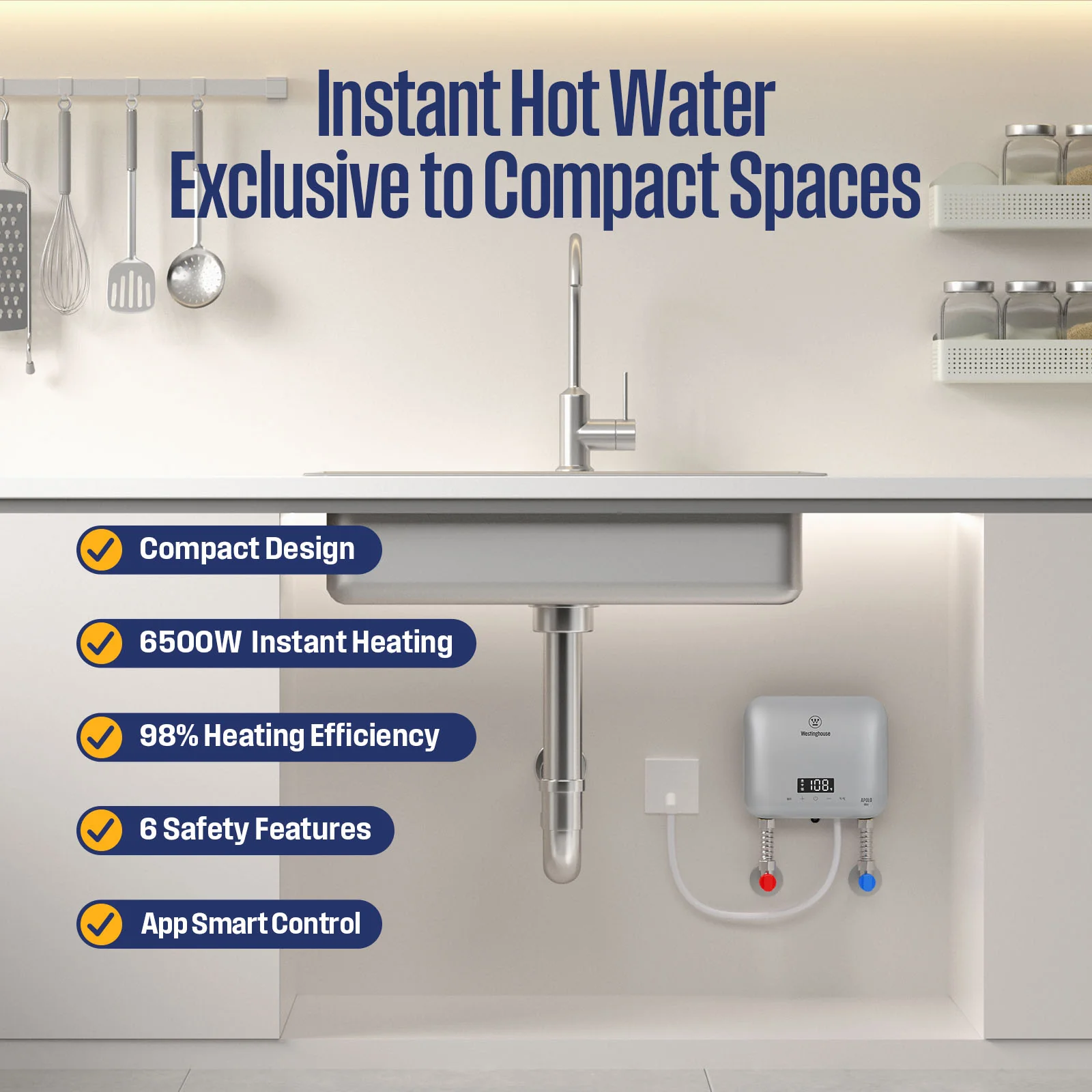 6.5KW Mini Electric Tankless Water Heater, Silver Grey - Image 4