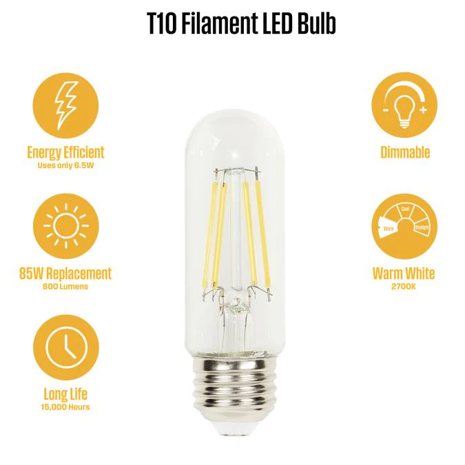 6.5W T10 Filament LED Dimmable Clear 2700K E26 (Medium) Base - Image 11