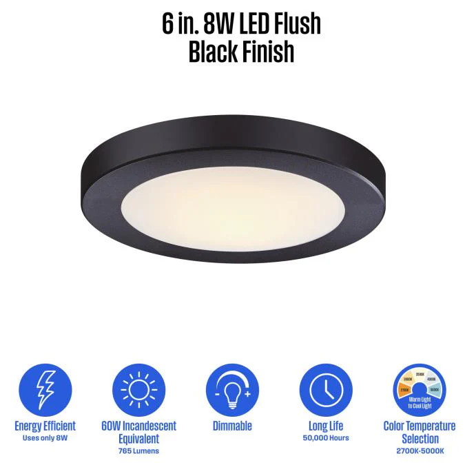 6 inch, 8 Watt Dimmable LED Indoor/Outdoor Flush Mount Ceiling Fixture, Black - Image 9