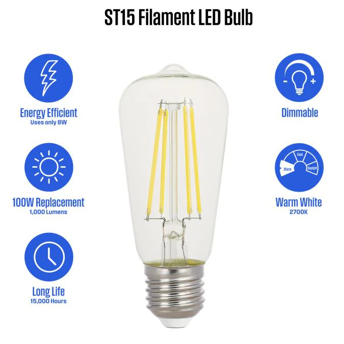 8 Watt (100 Watt Equivalent) ST15 Dimmable Filament LED Light Bulb - Image 11
