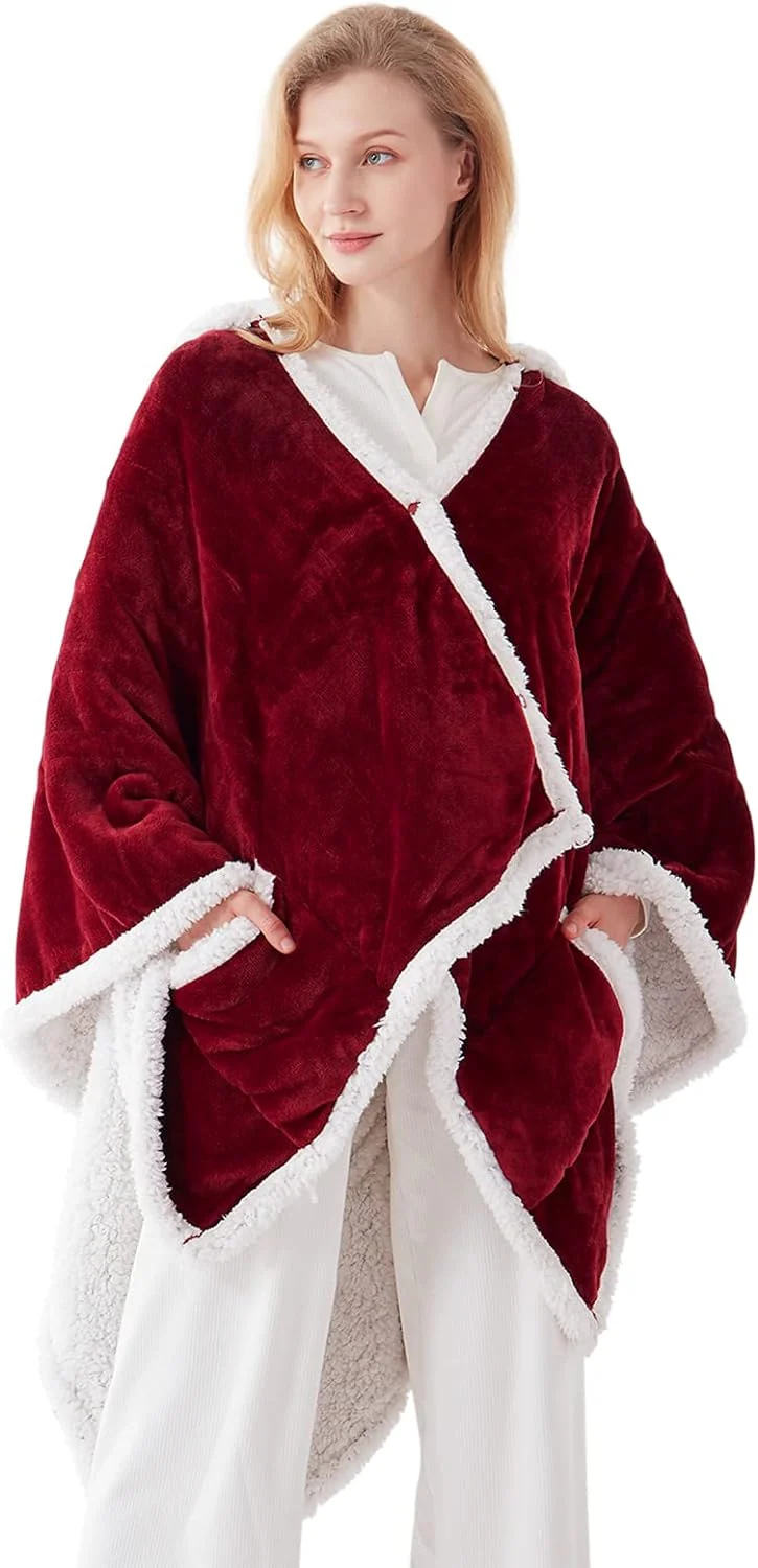 Wearable Heated Hoodie Blanket 60"x50" Christmas Red & Ivory - Image 7