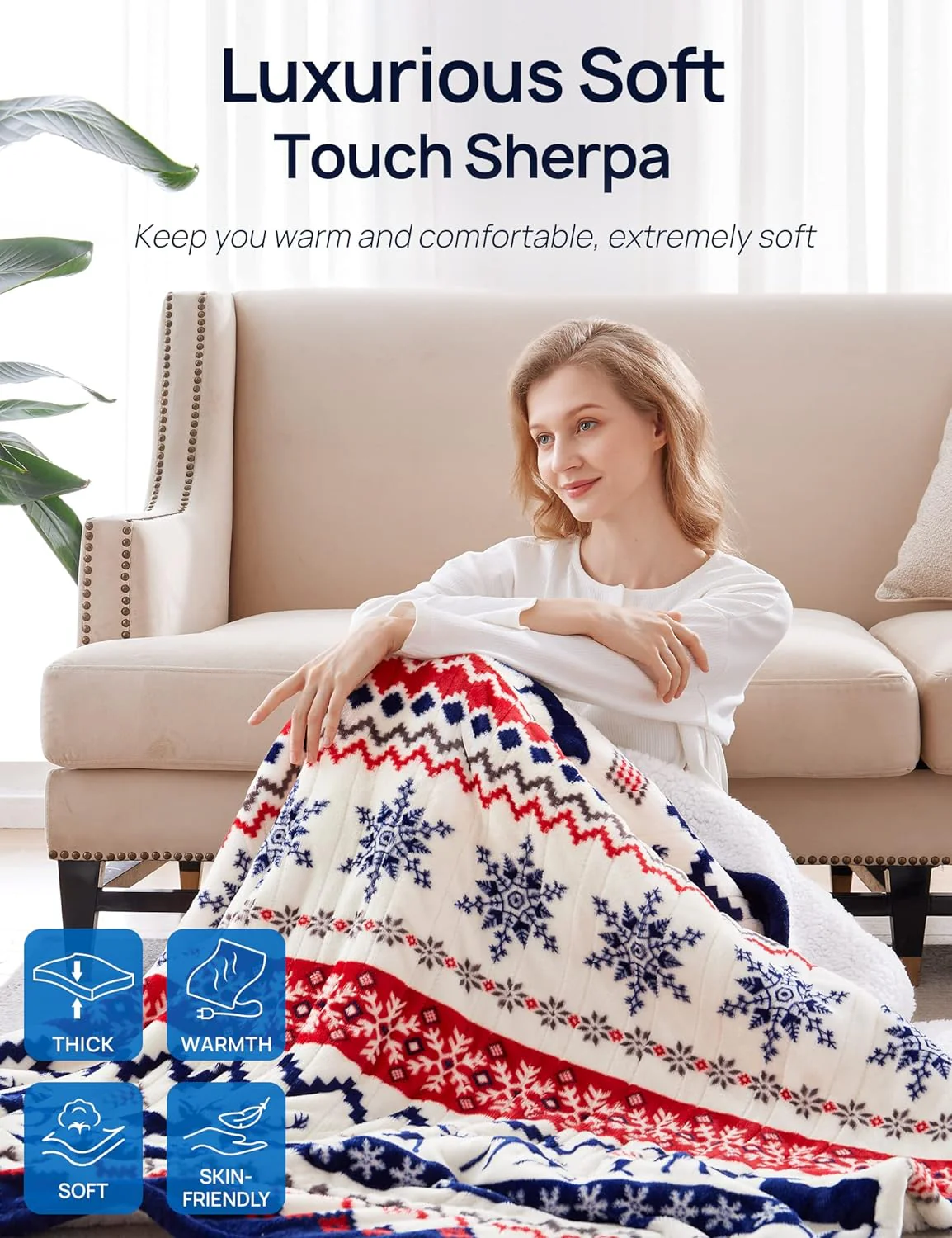 Electric Heated Blanket 62" x 84", Christmas Elk & Ivory - Image 3