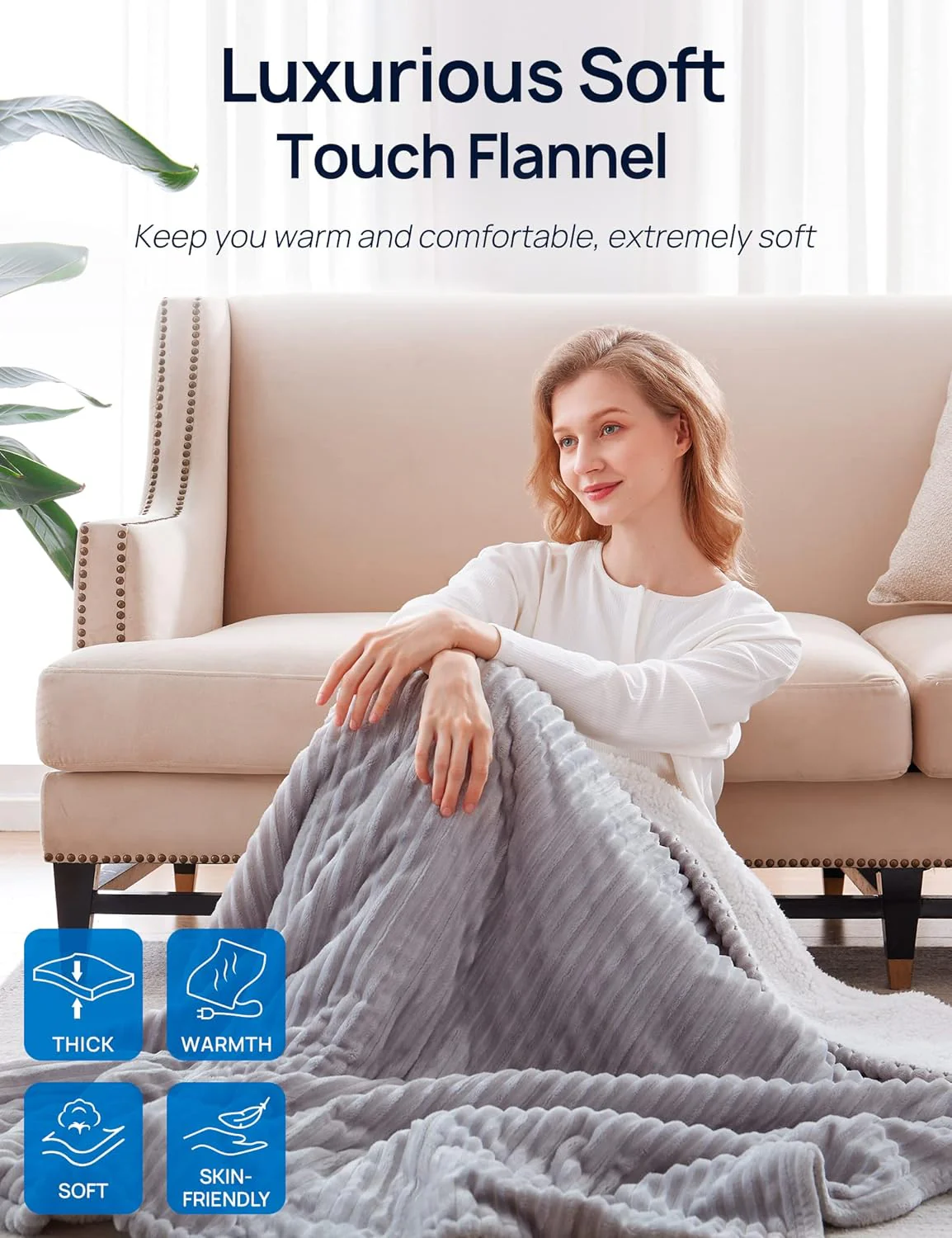 Electric Heated Blanket 62" x 84", Light Grey & Ivory - Image 2