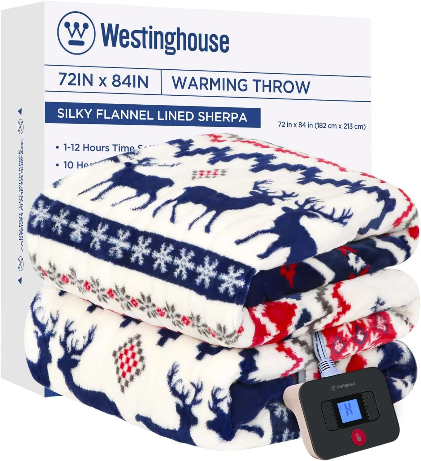 Electric Heated Blanket 72" x 84", Christmas Elk & Ivory