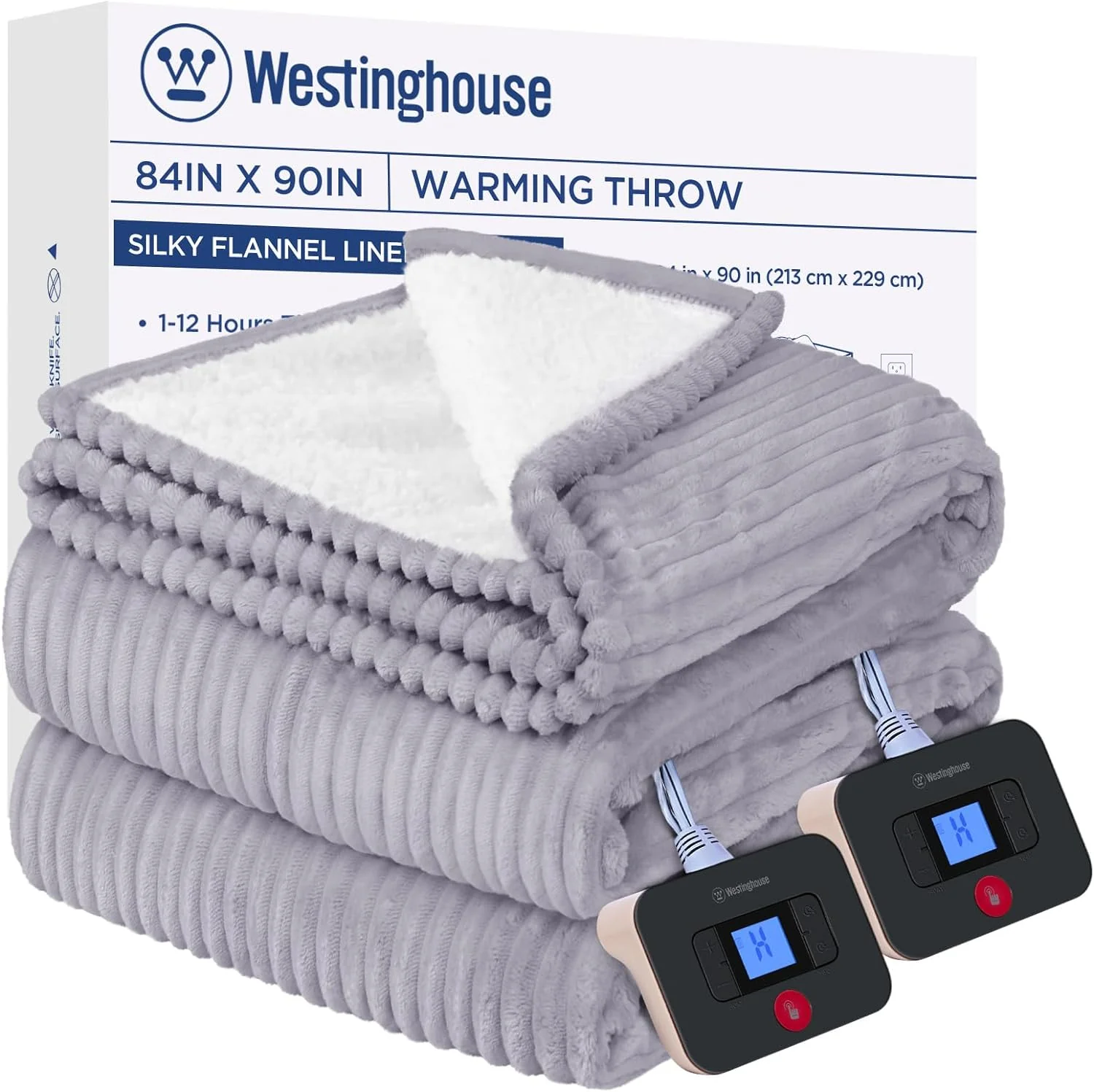 Electric Heated Blanket 84" x 90", Light Grey & Ivory