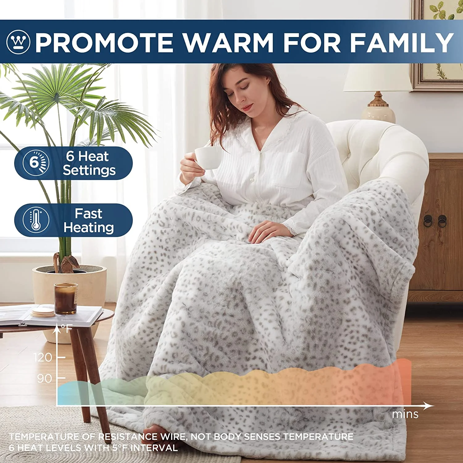 Electric Heated Blanket Luxurious Faux Fur Reverse to Flannel Grey Leopard - Image 6