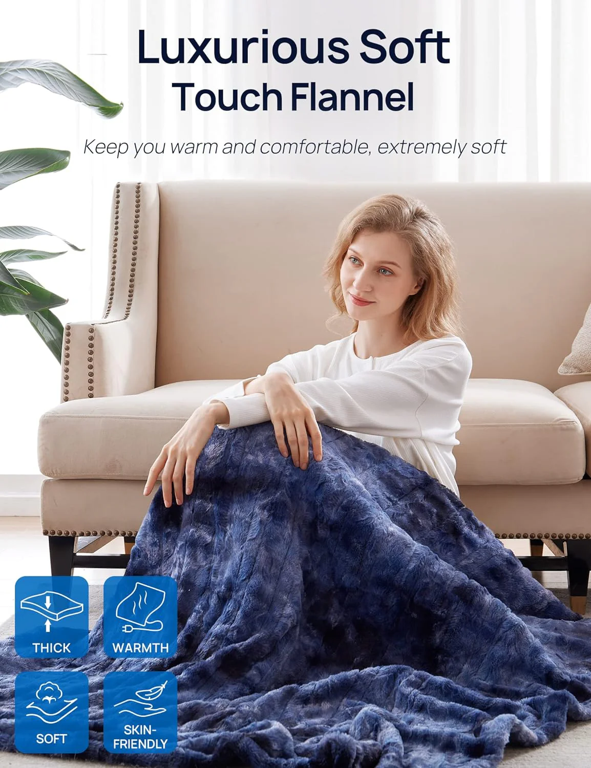 Electric Heated Faux Fur Blanket 50" x 60", Navy Blue - Image 2