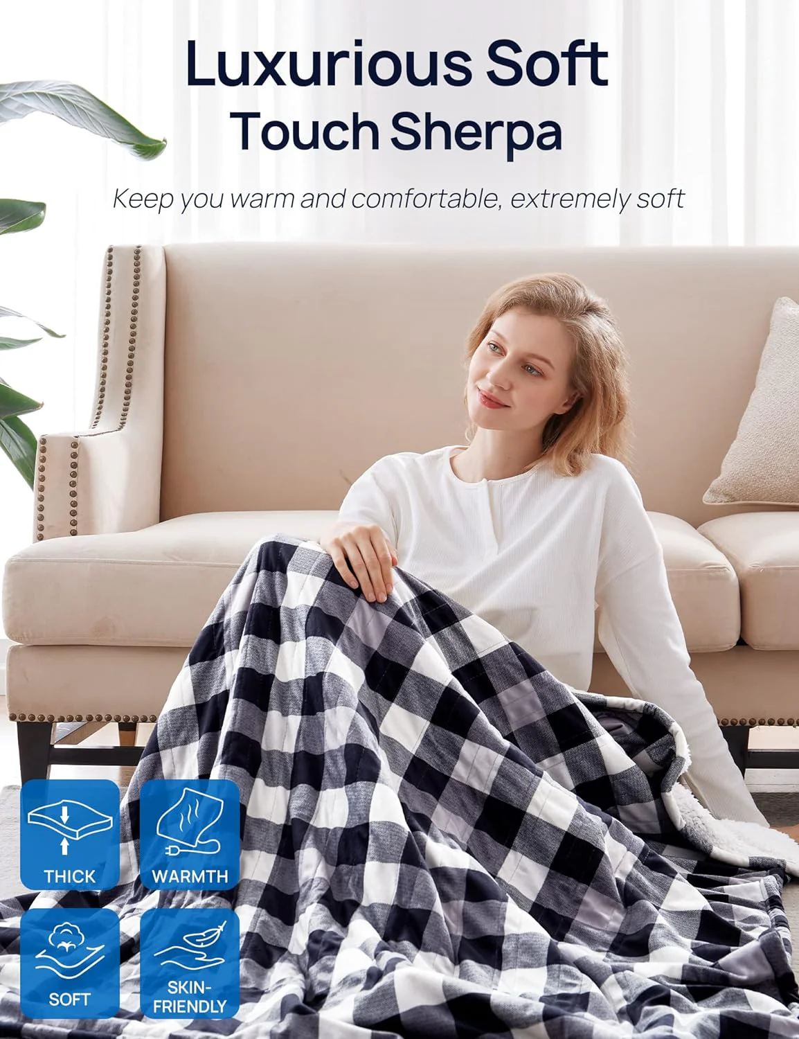 Electric Heated Sherpa Plaid Blanket 62" x 84", Black - Image 2