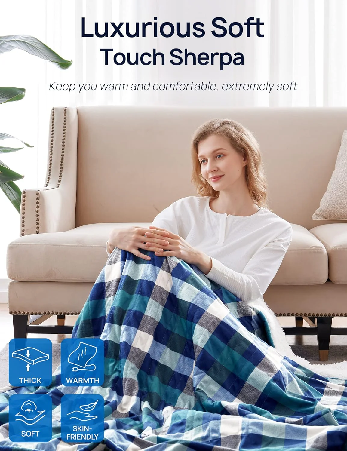 Electric Heated Sherpa Plaid Blanket 62" x 84", Green - Image 4