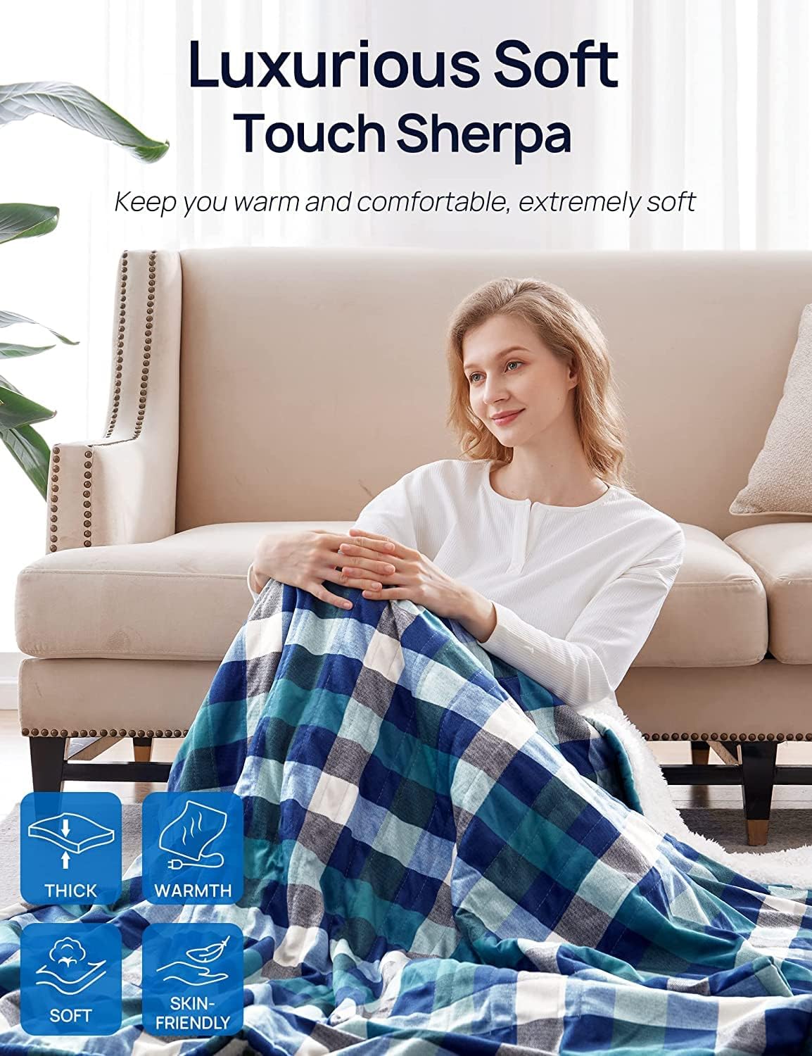 Electric Heated Sherpa Plaid Blanket 72" x 84", Green - Image 2