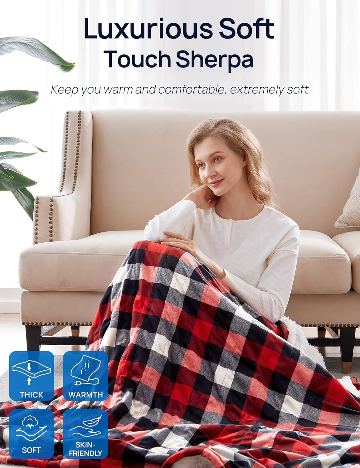 Electric Heated Sherpa Plaid Blanket 84" x 90", Red - Image 2