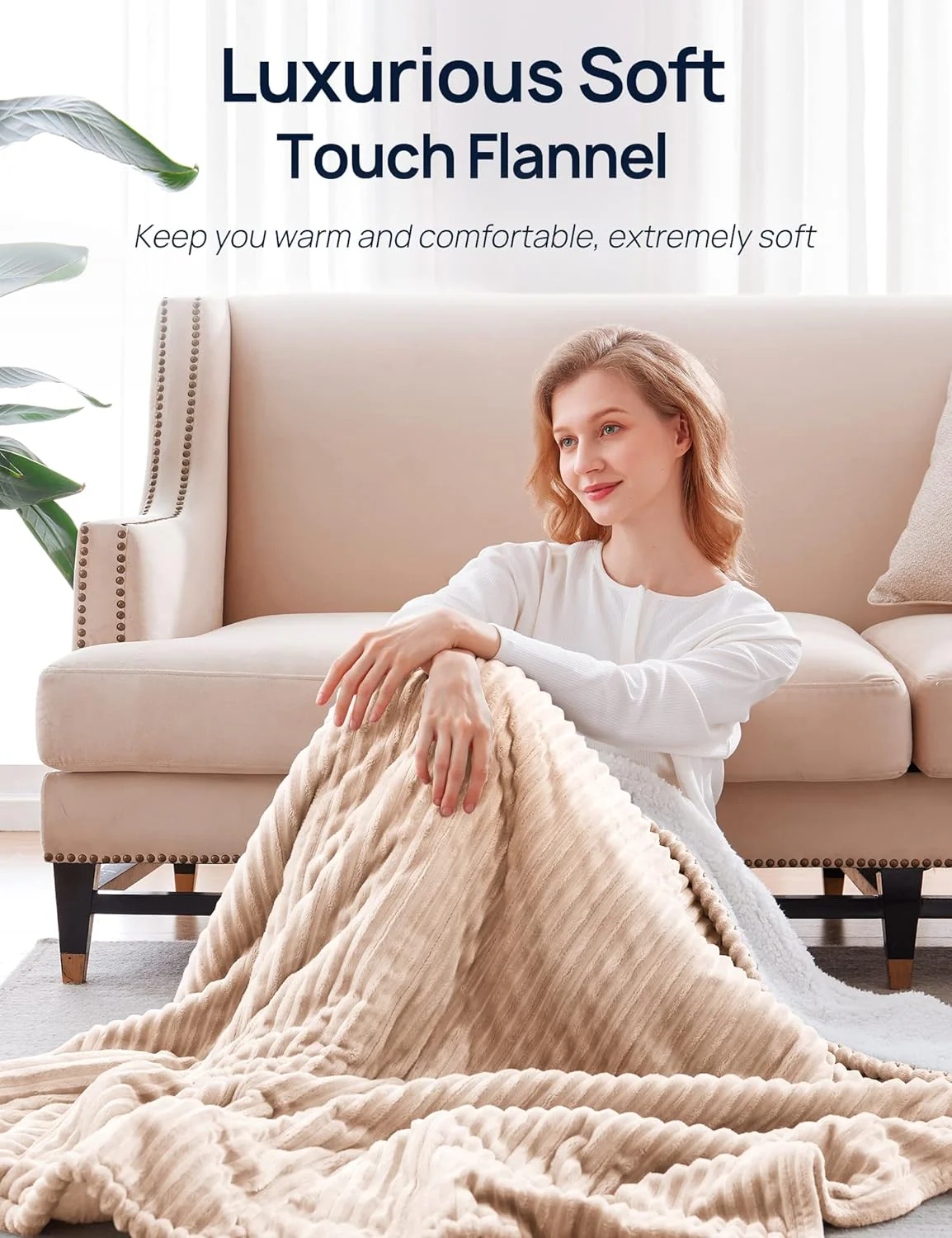 Electric Heated Throw 50" x 60", Beige & Ivory - Image 3