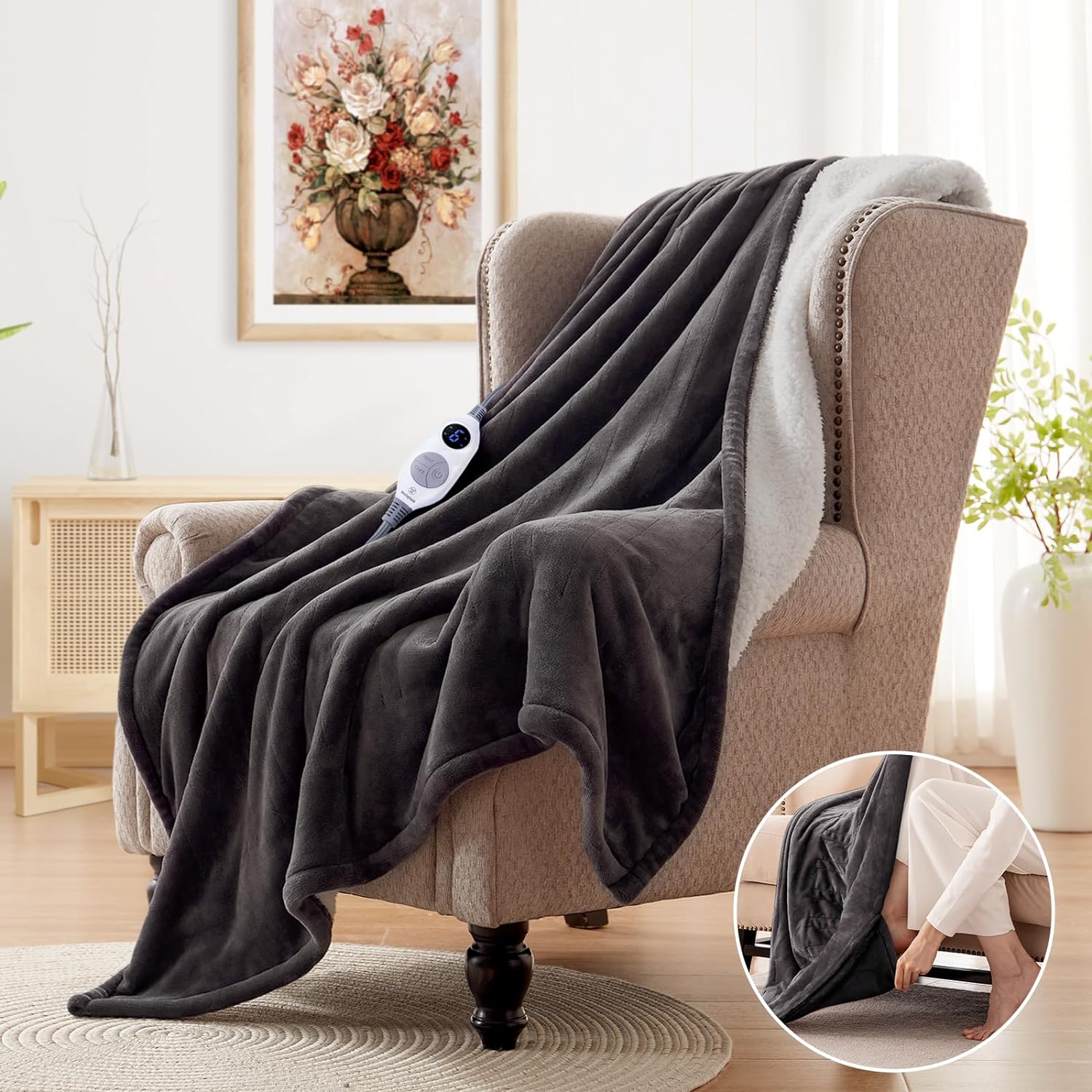 Electric Heated Throw with Foot Pocket 50" x 62", Charcoal