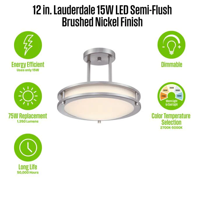 Lauderdale 12" LED Indoor Semi-Flush Mount Ceiling Fixture with Color Temperature Selection, Brushed Nickel - Image 11