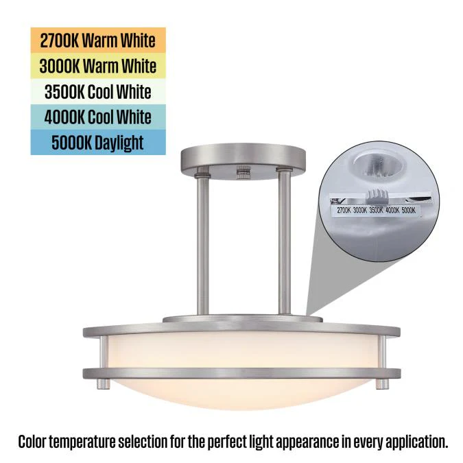 Lauderdale 12" LED Indoor Semi-Flush Mount Ceiling Fixture with Color Temperature Selection, Brushed Nickel - Image 8