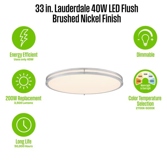 Lauderdale 33" LED Indoor Flush Mount Ceiling Fixture with Color Temperature Selection, Brushed Nickel - Image 11