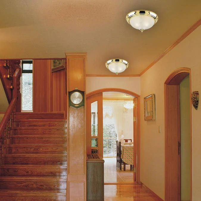 Two-Light Flush-Mount Interior Ceiling Fixture, Polished Brass Finish with Frosted Swirl Glass - Image 2