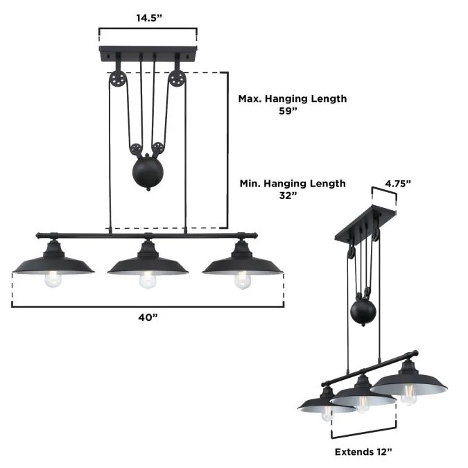 Iron Hill Three-Light Indoor Pulley Pendant, Matte Black Finish - Image 2