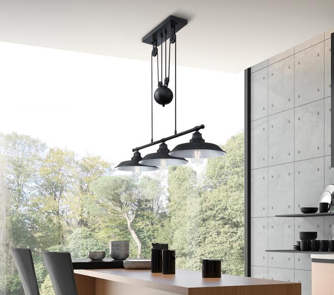 Iron Hill Three-Light Indoor Pulley Pendant, Matte Black Finish - Image 3