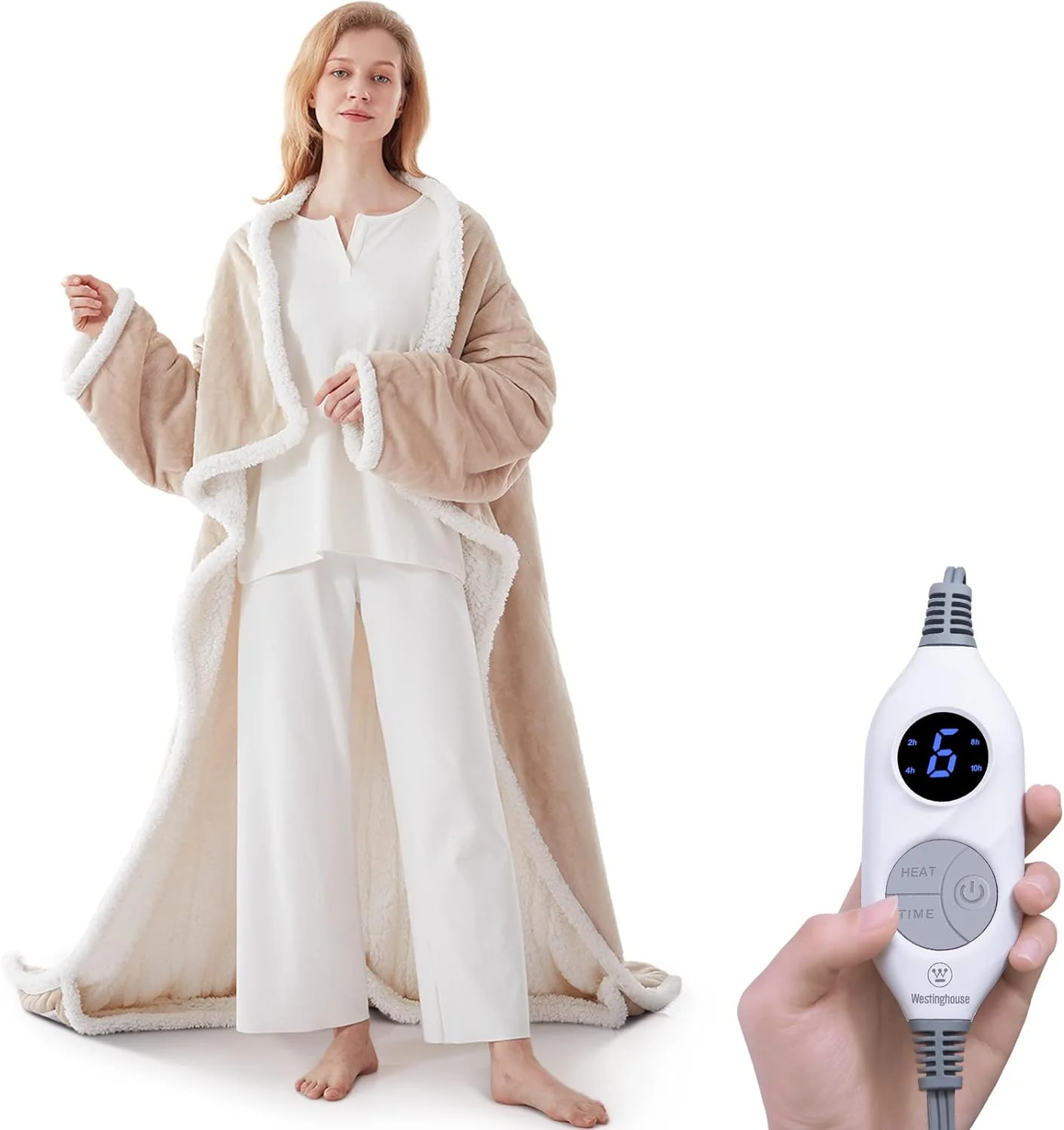 Wearable Heated Throw with Sleeves 70"x50" Beige
